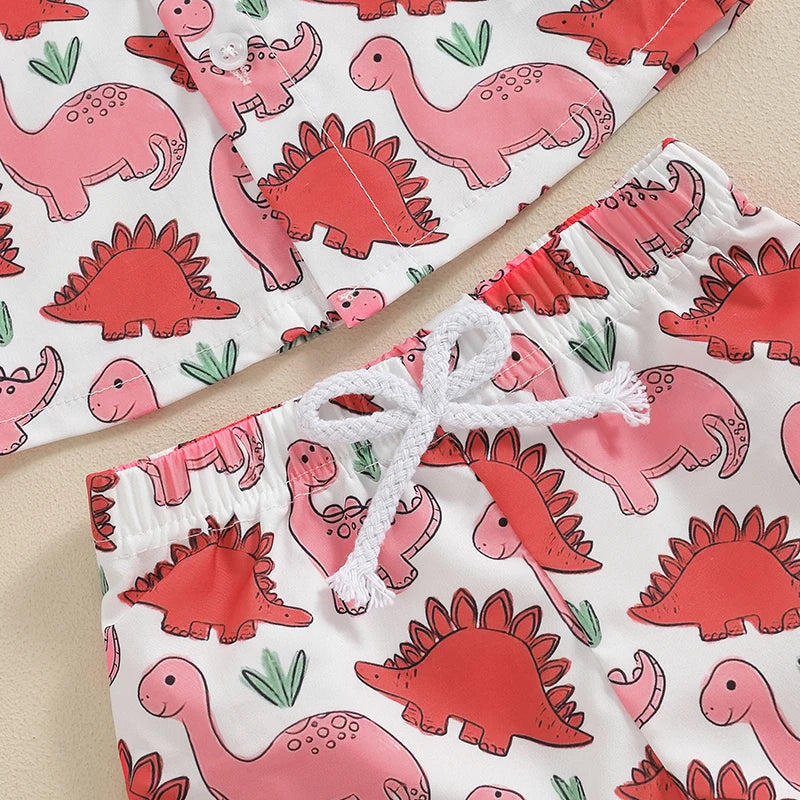 0-3Y Toddler Baby Boys Summer Clothes Sets 2pcs - Short Sleeve Dinosaur Print Button Up Top and Shorts Set