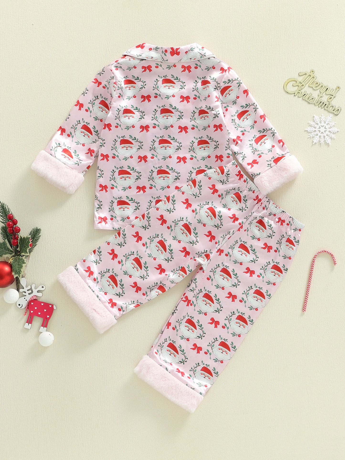 Toddler Girls Christmas Pajamas Set - Santa Claus Bow Print Long Sleeve Top & Pants 1-5Y