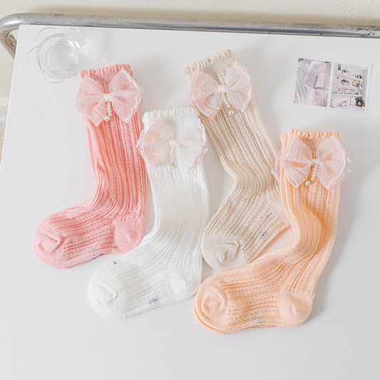 0-4Y Infant Baby Girls Knee High Stocking Pearl Bows Newborn Stockings