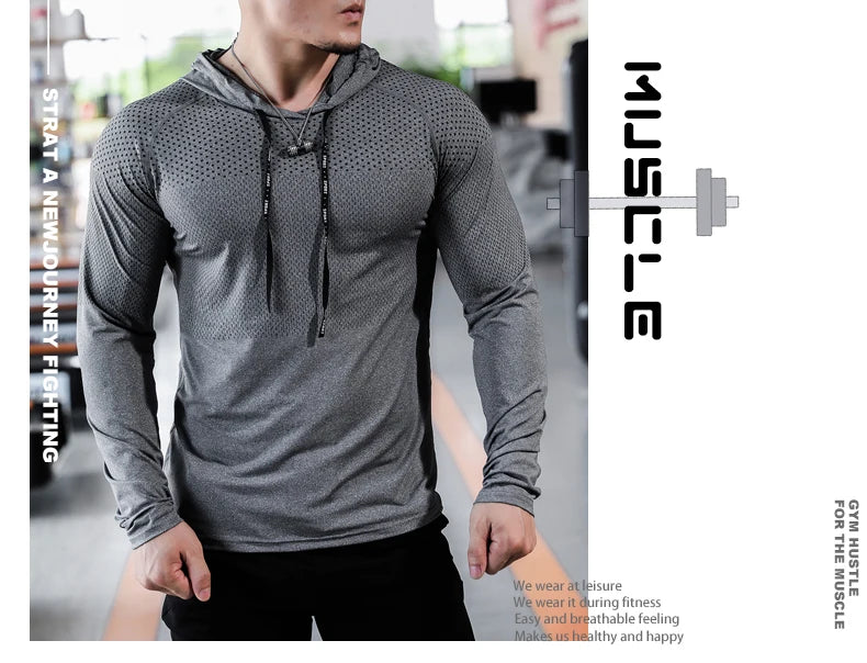 Men's Fitness Tracksuit Running Sport Hoodie Gym Hooded Outdoor Workout Athletic  Muscle Training Sweatshirt Top