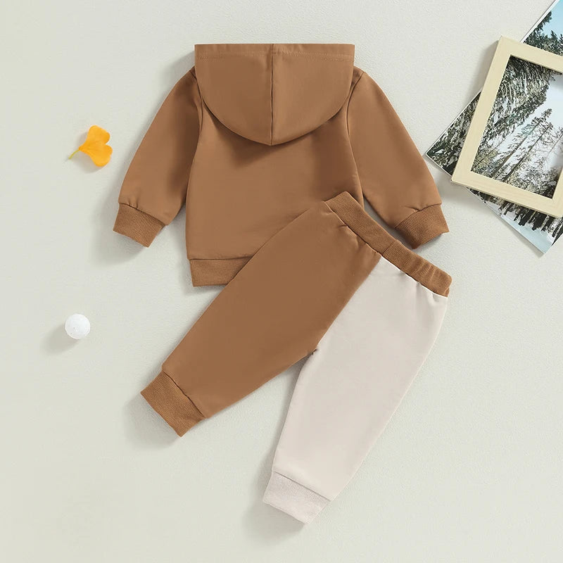 0-3Y Autumn Casual Kids Boys Clothes Set 2pcs Letter Print Hooded Pocket Top Colour Patchwork Long Pants