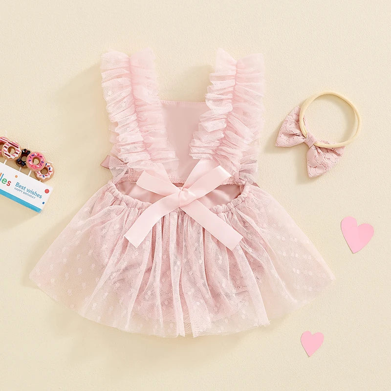 Baby Girls Princess Romper Dress with Hairband - Lace Flower Embroidery Tulle Jumpsuit