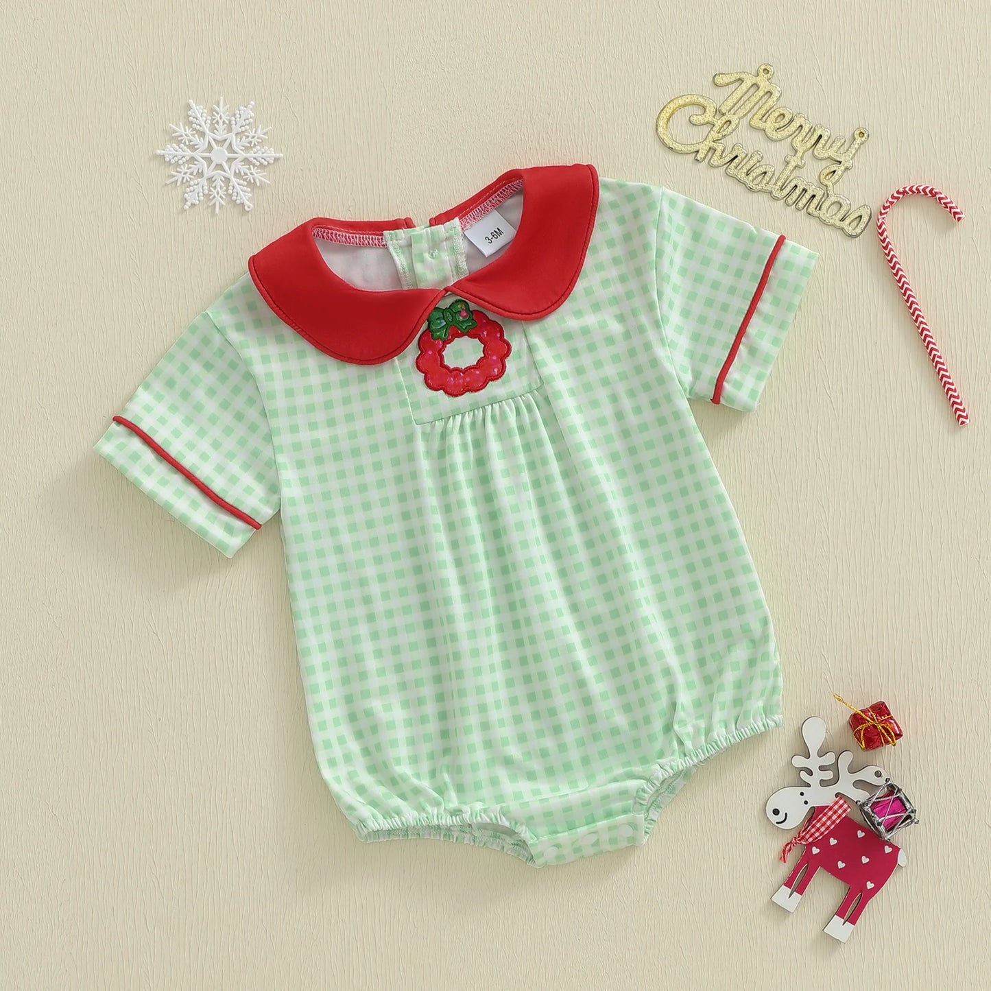 Baby Girls Plaid Romper - Wreath Embroidery Short Sleeve Doll Collar Bubble Jumpsuit