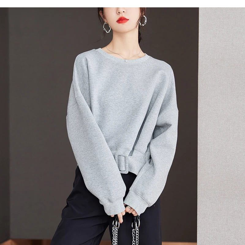 Women Plain Long Sleeve Belt Waist Loose Casual Oversize Pullover Jumper Sweatshirt