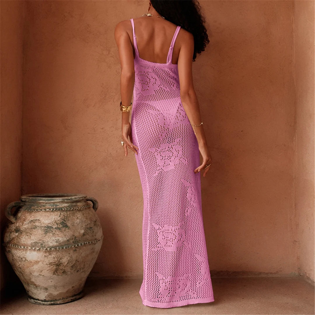 Women's Hollow Out Sleeveless Crochet Knitted Tunic Beach Cover Up Long Beach Dress