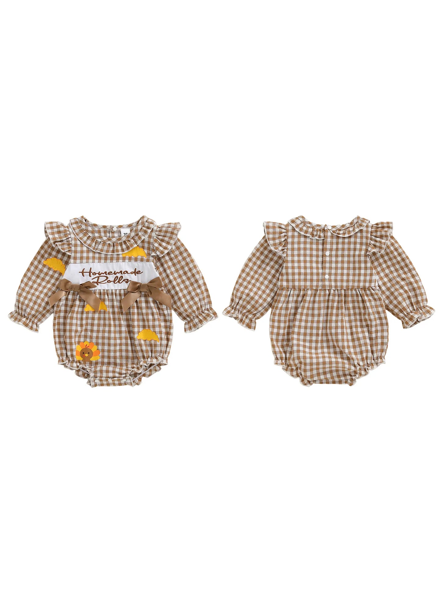Baby Thanksgiving Romper - Long Sleeve Plaid Print Turkey Embroidery Bubble Jumpsuit