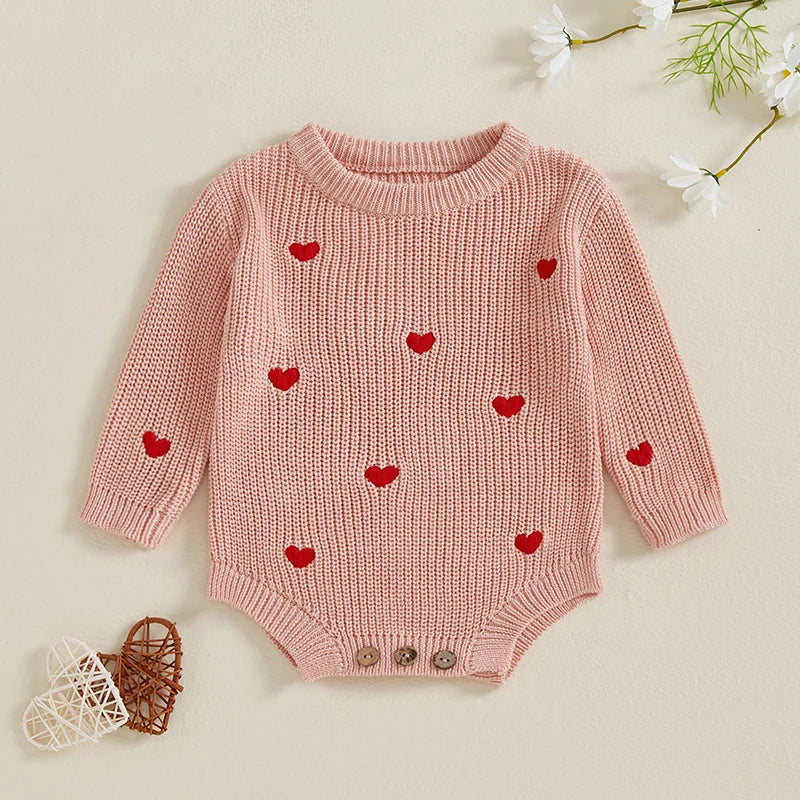 Newborn Baby Girl's Sweater Romper - Heart Knit Long Sleeve Jumpsuit for Valentine's