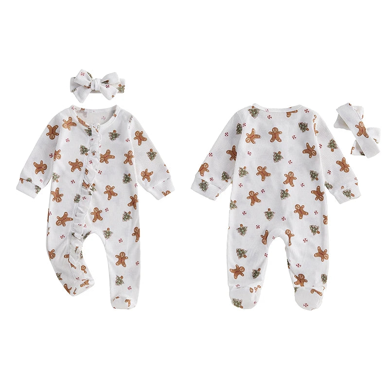 Baby Girls Boys Christmas Footies Jumpsuit Long Sleeve Gingerbread Print Ruffle Romper with Headband