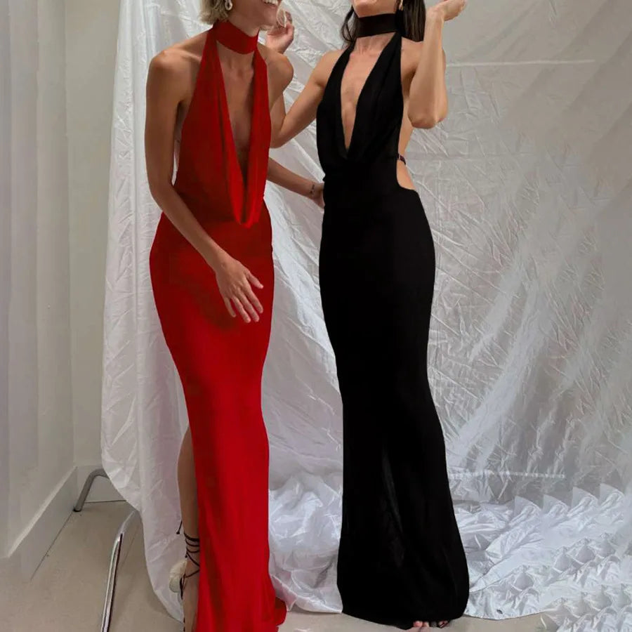 Women's Halter Backless Split Maxi Deep V Neck Long Dress