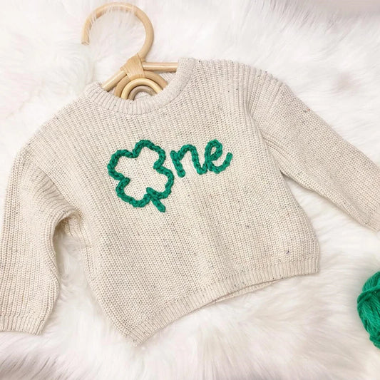 Baby Boys Girls Birthday Sweater 0-18M Clover Letter Embroidery Long Sleeve Pullover Knitwear