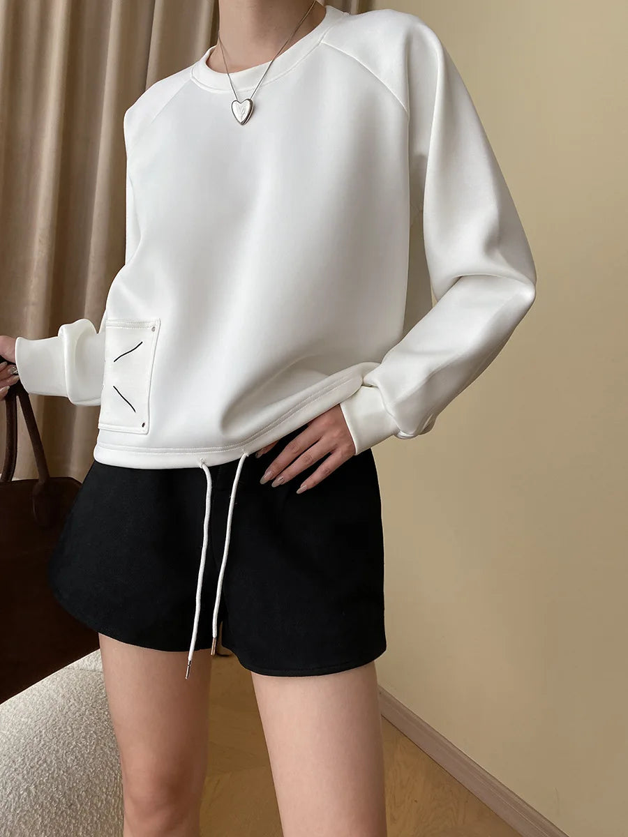 Women Solid Round Neck Long Sleeve Casual Loose Embroidered Design Pullover Sweatshirt