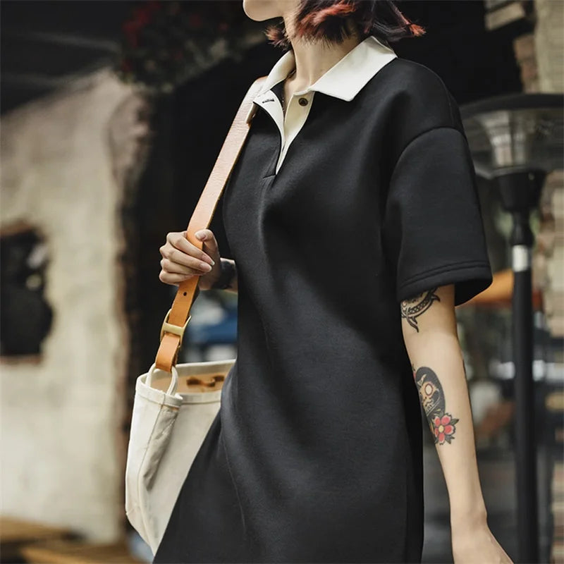 Women's Color-Block Polo Dress - Preppy Tennis Style with Adjustable Waist Short Sleeve Summer Dress