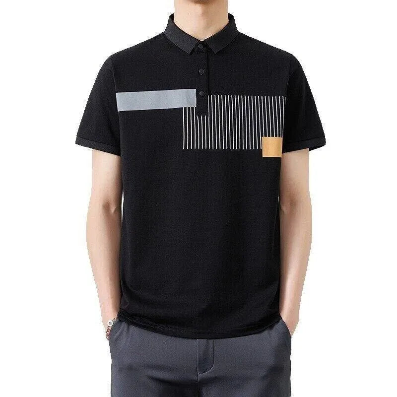 Men's Summer Casual  Contrast Colour Turn Down Collar Striped Polo Shirt