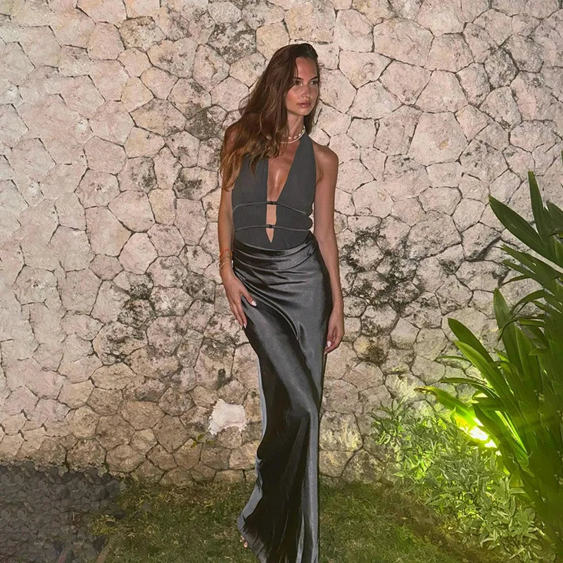 Women's Halter Draped Maxi Cocktail Party Satin Deep V Backless Long Dress