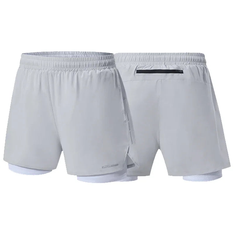 Men's Summer Swim Gym Sportswear 2 in 1 Compression Jogging Shorts Beach Casual Pants Double-deck Bottoms with Zipper Pockets