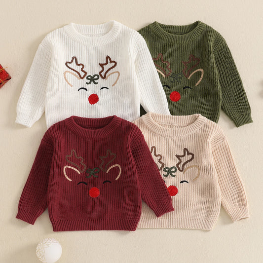 0-3Y Toddler Baby Boys Girls Christmas Sweater - Reindeer Embroidery Long Sleeve Round Neck Knitwear Pullover