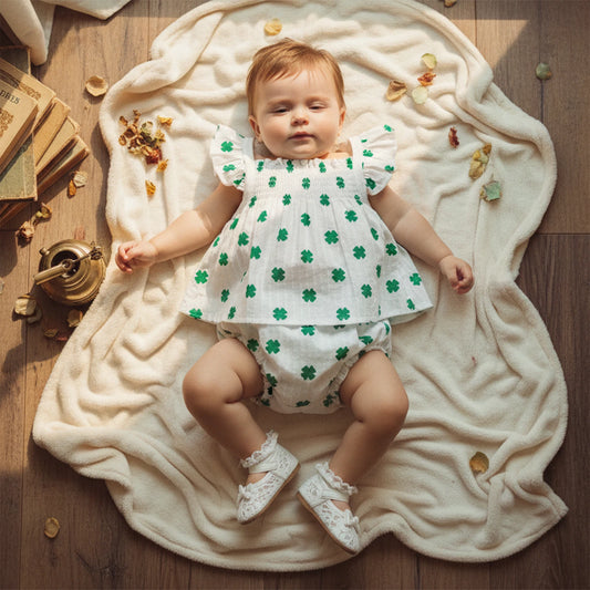 Baby Girls Summer Outfit Set - Shamrock Print Flutter Sleeve Top & Shorts (2-Piece)