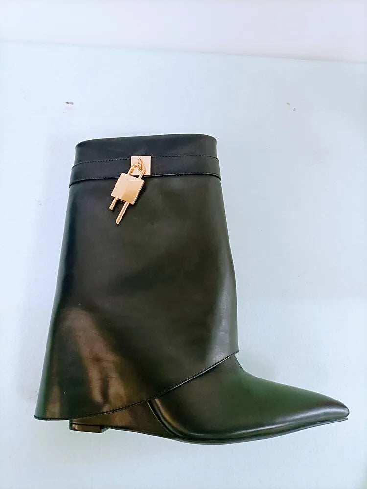 Women's Wedge Leather Mid-Calf Boots - 10cm Heel Metal Buckle Boots