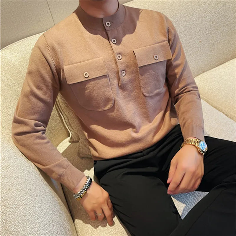 Men's Slim Fit Knitted O-Neck Pullover Sweater Solid Color Warm Korean Style