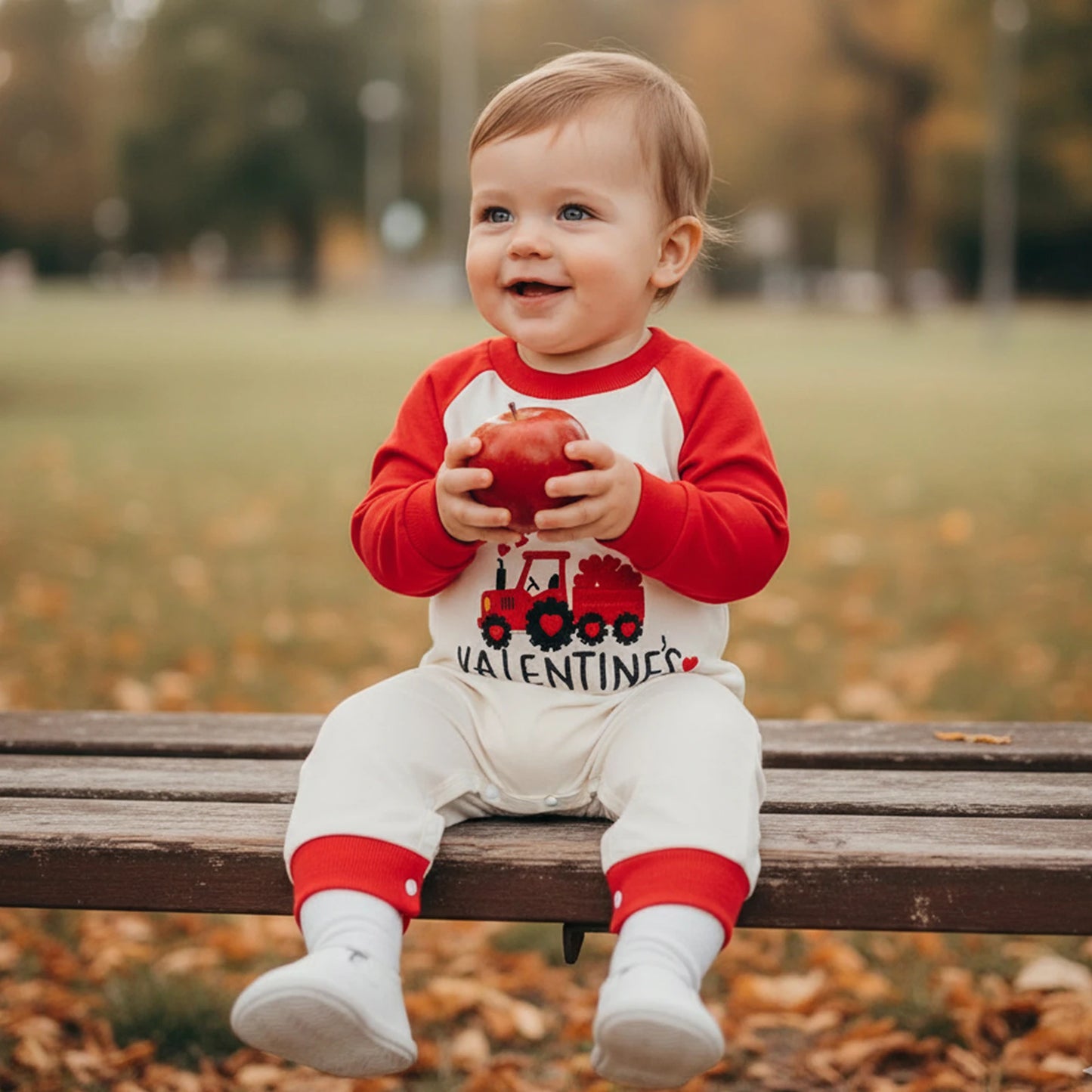Newborn Baby Boys Valentine's Romper - Love Heart Tractor Embroidery