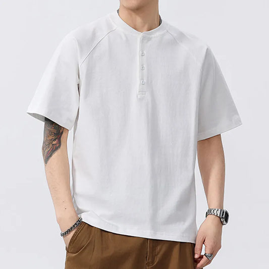 Men's Summer Henry Collar Short Sleeve Cotton Loose Casual Pullover Breathable T-Shirt