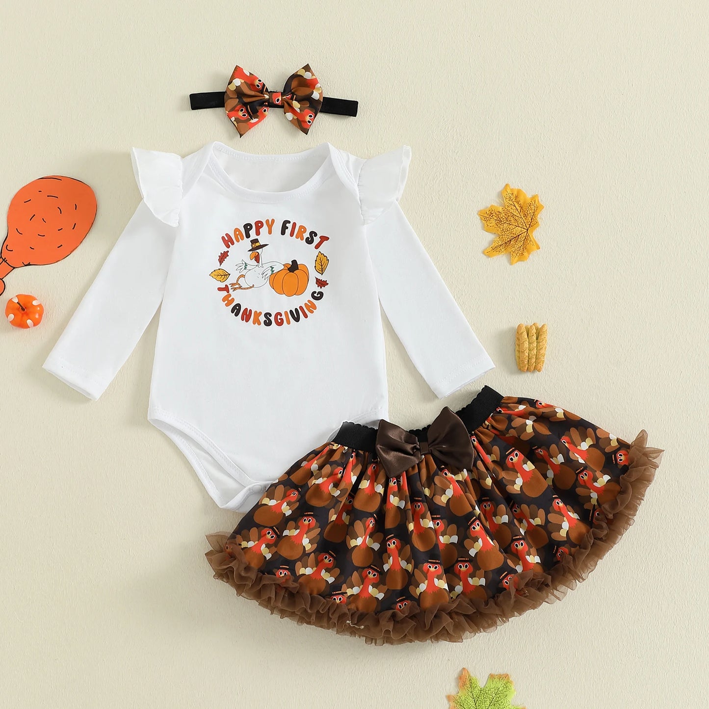 Baby Girls Thanksgiving Outfit Set - 3-Piece Long Sleeve Romper, Mini Skirt & Headband