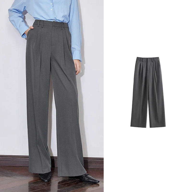 Women's High Waist Straight Leg Suit Trousers with Pockets | Brown