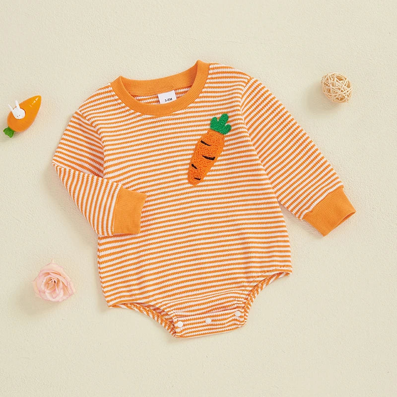 Baby Easter Romper - Stripe Rabbit Carrot Embroidery Long Sleeve Bodysuit