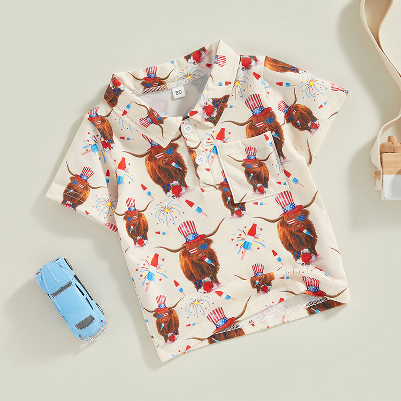 0-4Y Toddler Kids Boys T Shirt Short Sleeve Eagle/Donut/Bull/Fireworks Print Pullover Tops for Independence Day