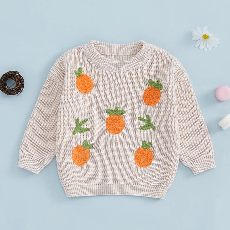 0-3Y Winter Baby Girls Lovely Knit Sweater - Long Sleeve Flower Fruit Embroidery Pullover Knitwear