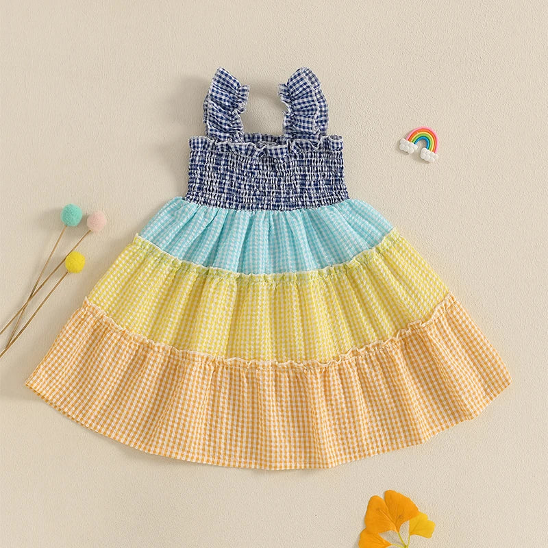 0-4Y   Kids Girls Summer Dress Colorful Plaid Striped Print Sleeveless Suspender Smocked A-Line Dress