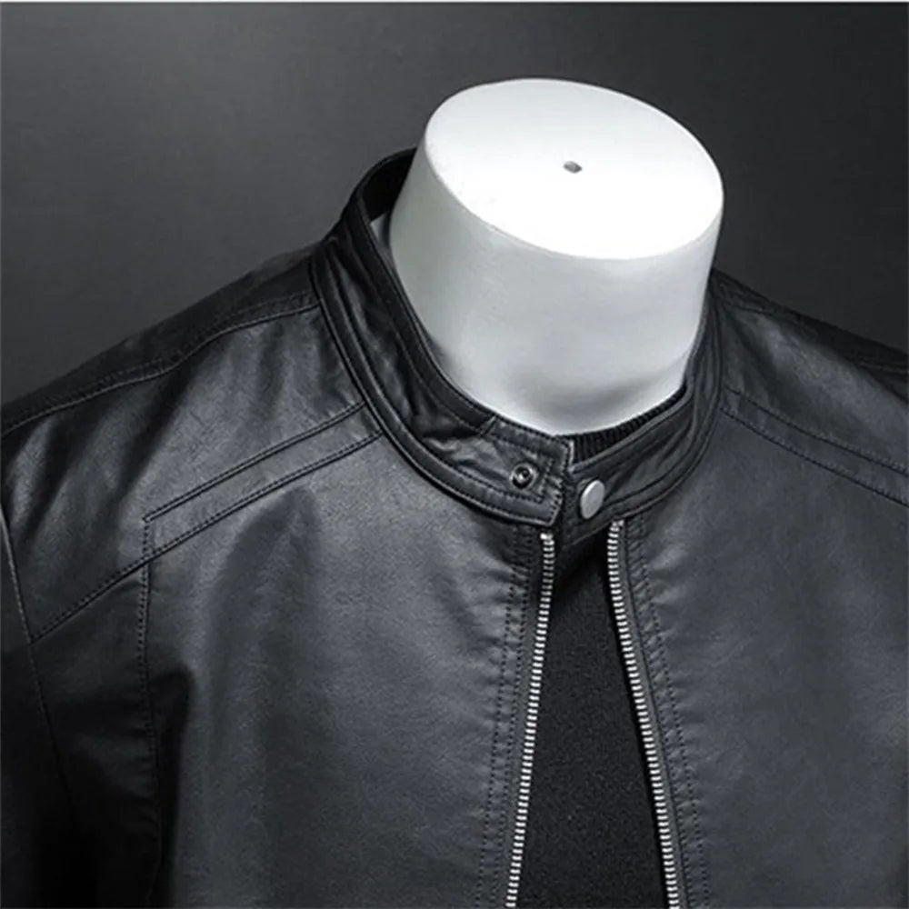 Men Stand Collar Slim Pu Leather Jacket