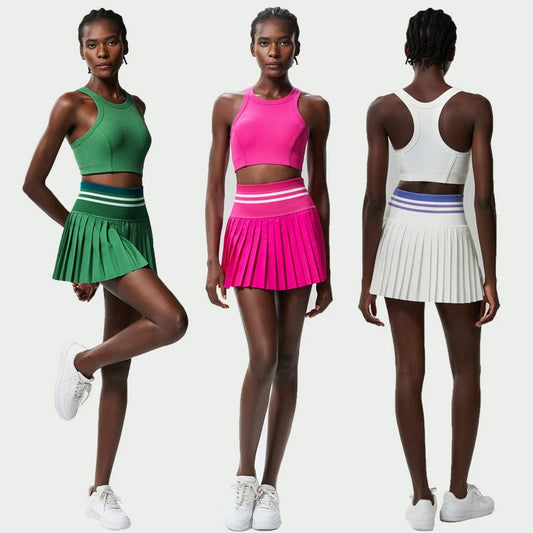 Women's Short Sportswear Two Piece Fitness Yoga Set - High Waist Tennis Skirt Crop Top Gym Breathable Sportswear Set