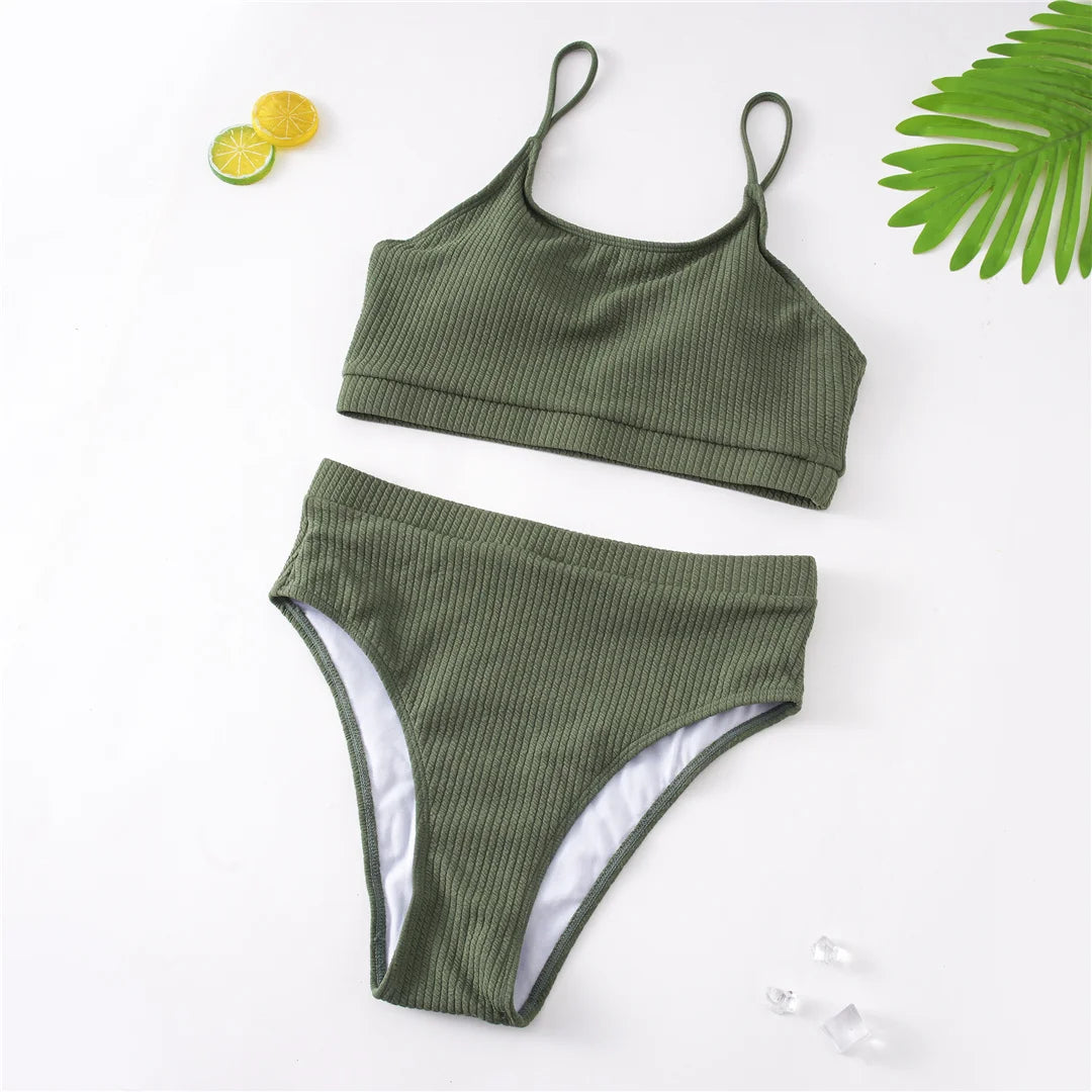 Ribbed Bikini Set - High Waist Two Piece Swimsuit