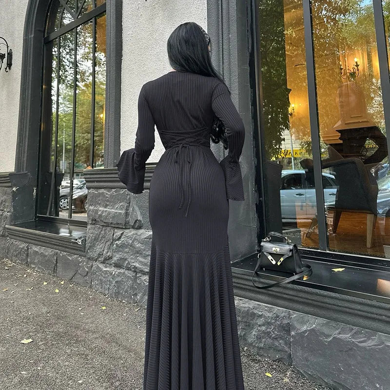 Women's Bandage Long Sleeve Casual Outfits Elegant Frill Ribbed Maxi Dress