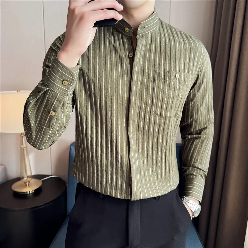 Men's Striped Stand Collar Long Sleeve Single Breasted Shirt