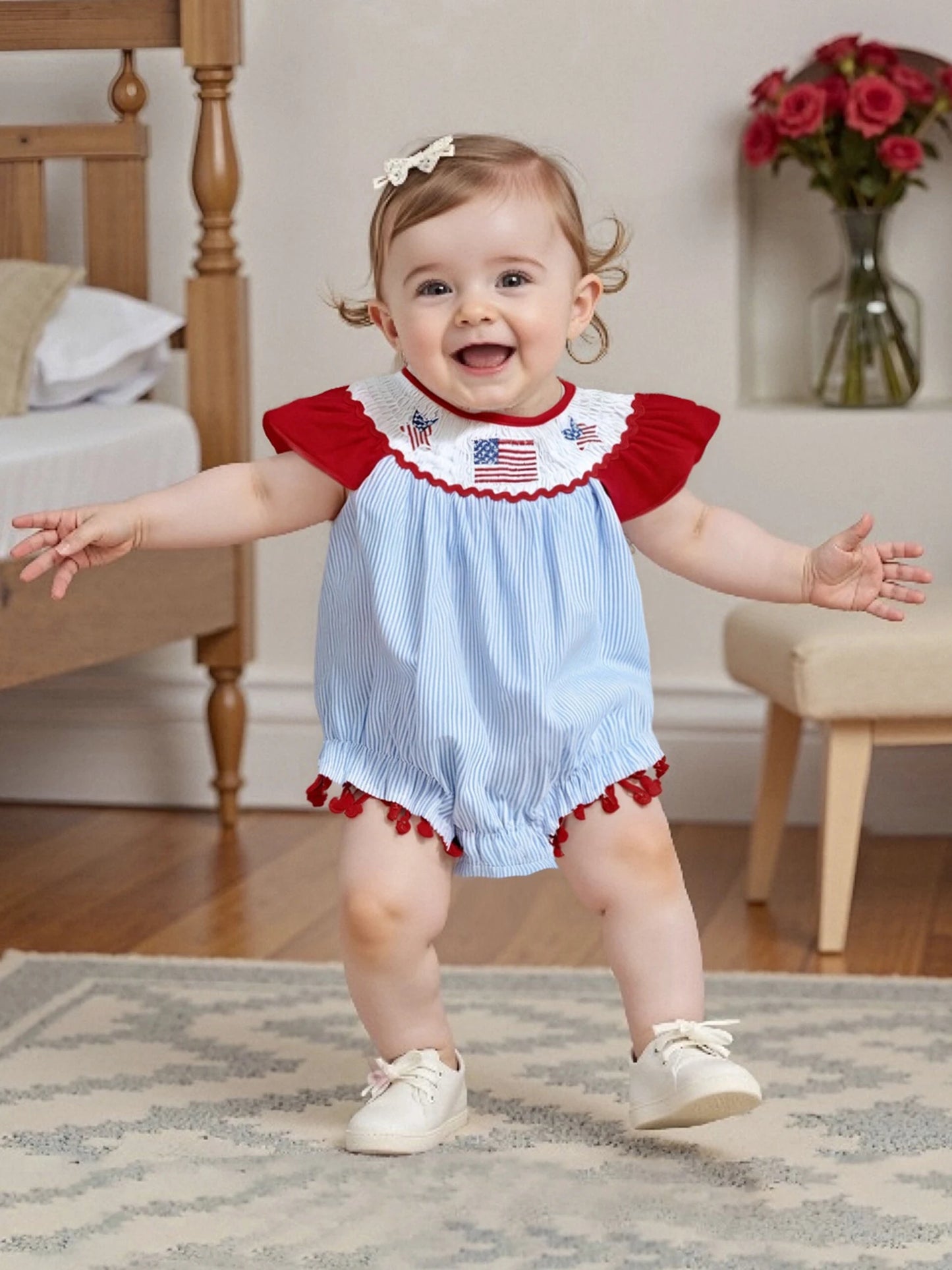 Baby Girls Summer Romper - Ruffles Tassel Flutter Sleeve Striped Flag Embroidery (0-18M)