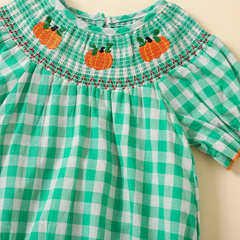 0-3Y Baby Girls Boys Romper Pumpkin Embroidered Plaid Print Short Sleeve Ruffled Jumpsuits