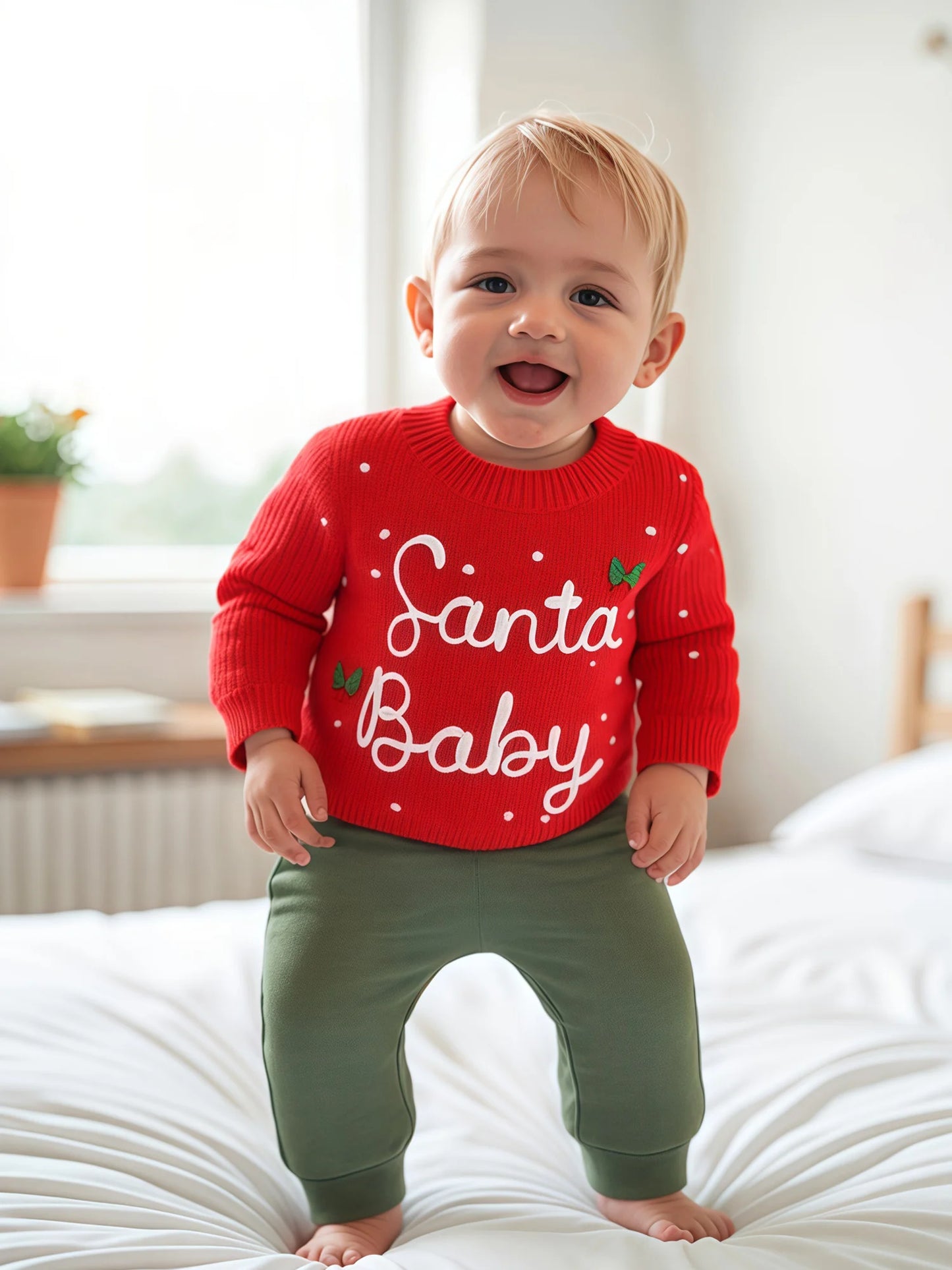 0-5Y Kids Boys Girls Christmas Sweater Letter Embroidered Crew Neck Long Sleeve Pullover Knit Top