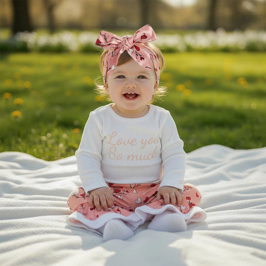 Baby Girls Valentine's Day Outfit Set - Letter Print Romper with Heart Flare Pants & Headband 0-18M