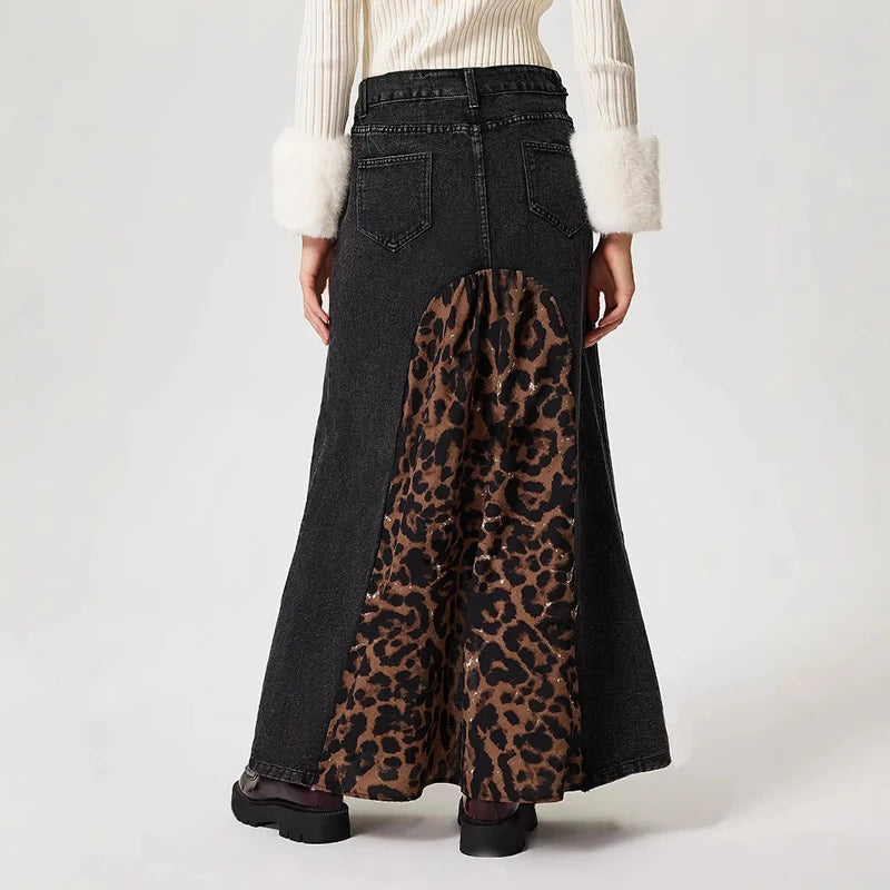 Women's Leopard Splice Denim Versatile Midi High Waist Slit Print Skirt