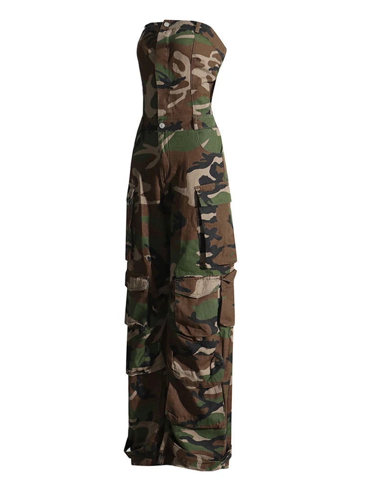 Women's Camouflage Cargo Jumpsuit  - Strapless Sleeveless High Waist Spliced Pockets Jumpsuit