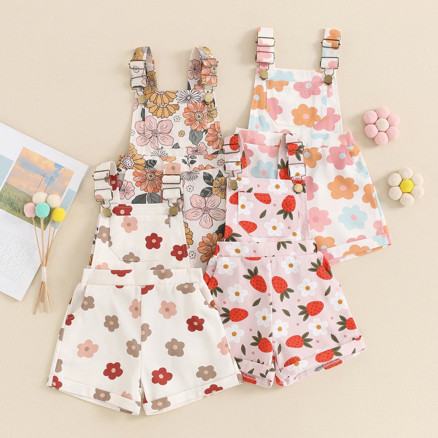 Kids Girls Overalls Shorts 0-6Y Sleeveless Straps Strawberry/Flower Print Denim Button Pocket Jumpsuit