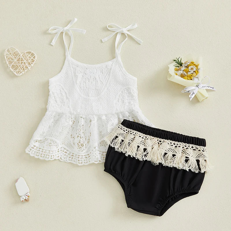 Baby Girls Summer Outfit Set - Floral Lace Tie Strap Camisole & Tassel Shorts (0-18M)