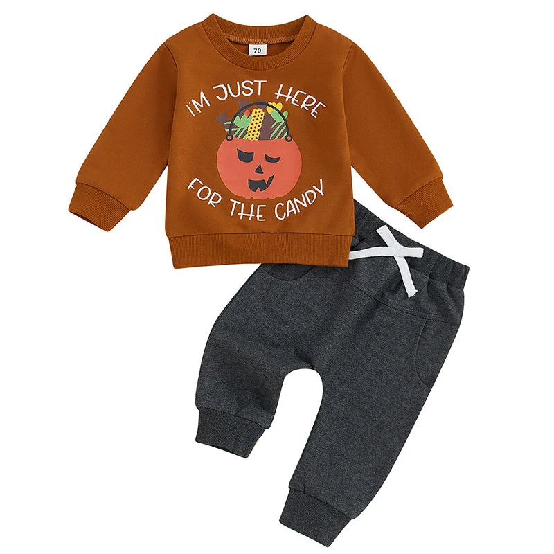 0-3Y Baby Boys Halloween Clothes Set - Pumpkin Letter Print Long Sleeve Sweatshirt Pocket Long Pants