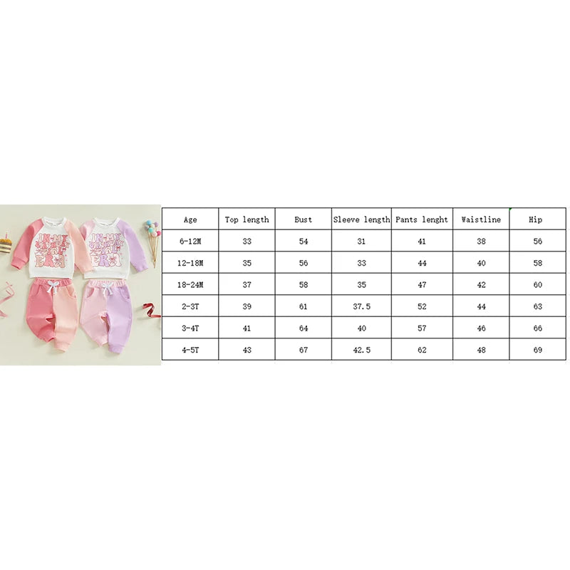 0-5Y Kids Girls Birthday Clothes Set Colour Patchwork Long Sleeve Letter Print Sweatshirt with Pants