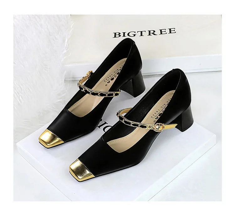 Women's Square Toe Metal Chain Temperament Mary Jane Middle Heel Shoes