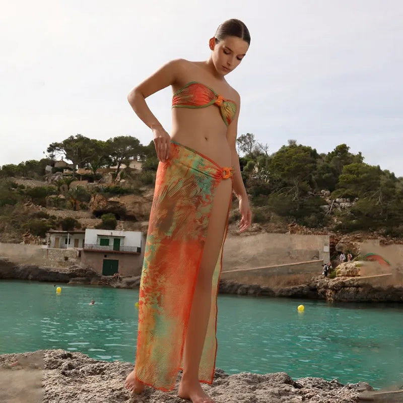 Women's Summer Beachwear Print 3 Piece Set Strapless Top Backless Split Skirt Bikini Dress Set