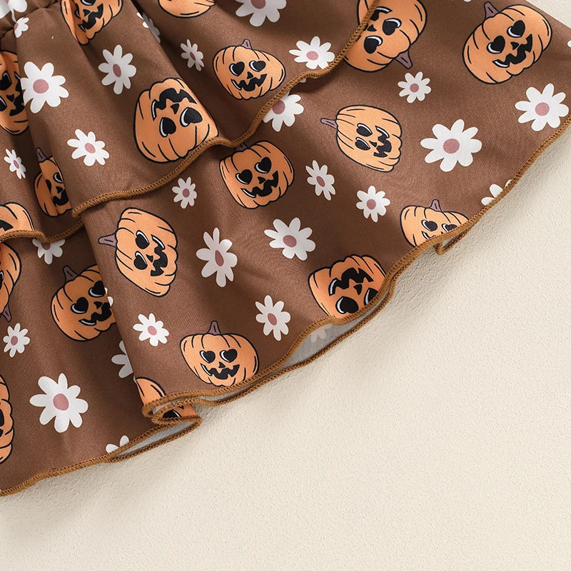 Baby Girl's Halloween Outfit Set - Ribbed Romper, Pumpkin Suspender Skirt & Bow Headband