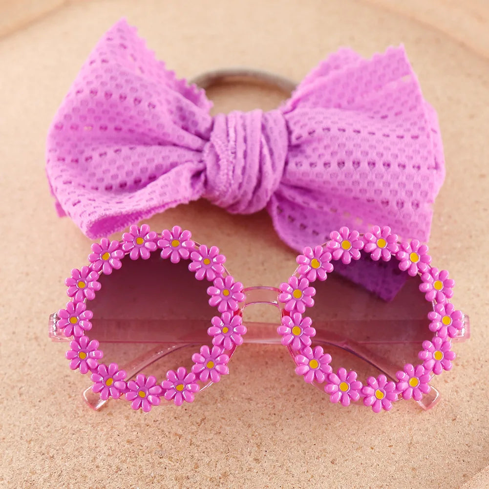 Children Kids Girls  Sunglasses Headband Set  - 2pcs Sunflower Sunglasses Matching Elastic Hollow Bow Hair Band